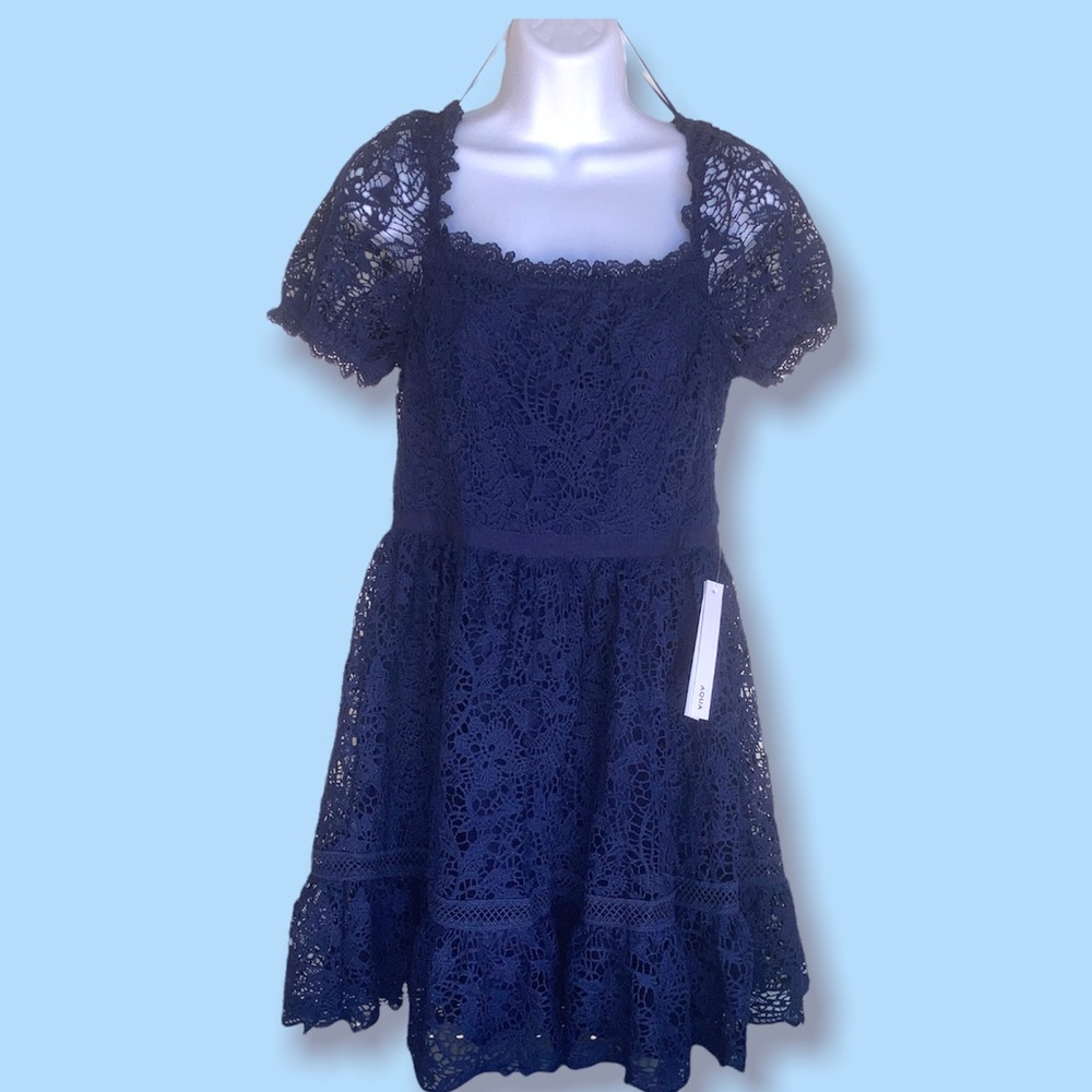 Bloomingdales Aqua 100% Exclusive Royal Blue Elegant Lace Party Dress Size Small